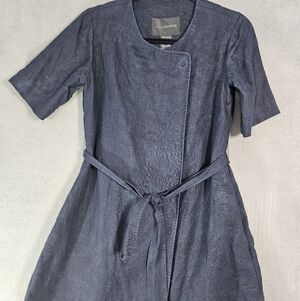 Lan Jaenicke Linen Wexley Jacket Trench Navy Blue Belt Snap Button Up Old Money